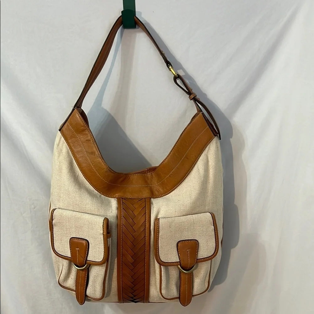 Cole Haan Vintage Stylish Tan Leather Cream Canvas Women's Bag Satchel Weekender
